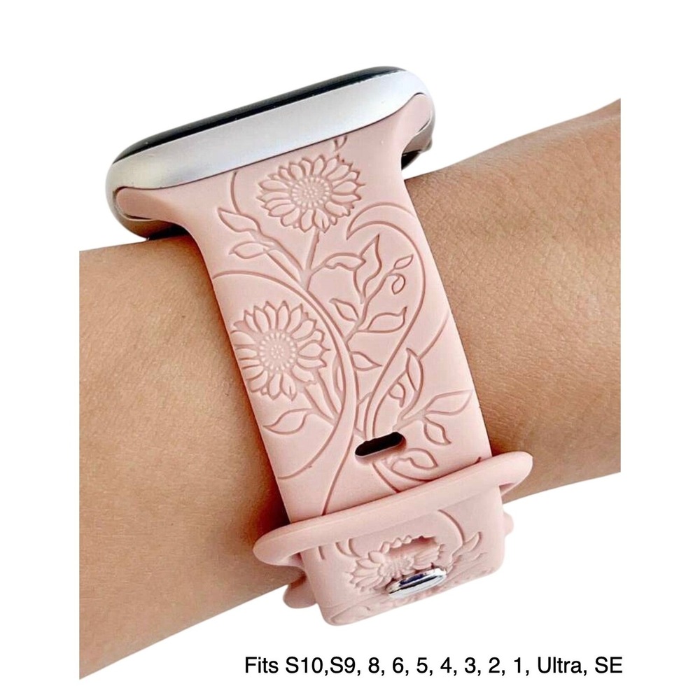 For Apple iWatch Compatible Pink Etched Floral Silicone Watch Band 42/44/45/49mm